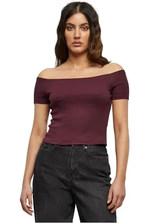 Urban classics Damen Ladies Off Shoulder Rib Tee Top, Rot ( 02243), Small (Herstellergröße: S)
