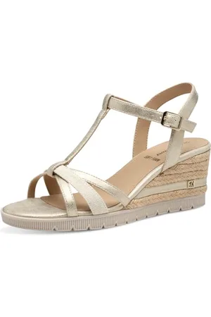 QS by s.Oliver Damen Sandalen mit Keilabsatz mit verstellbarem Riemchen Sommer, Gold , 39 EU