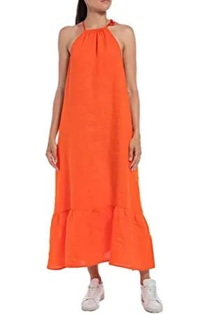 Replay Damen Kleid Kurzarm aus Leinen, (Orange), M