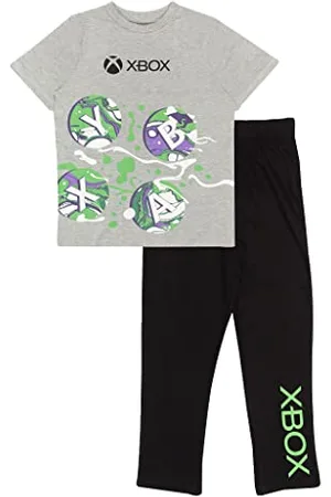 Popgear Xbox Controller Buttons Jungen Lange Pyjamas Set Schwarz/Weiß Heather Grey 6-7 Jahre | Gamer Geschenke, Jungen PJs, Kinderkleidung, Kindergeburtstags-Geschenk-Idee