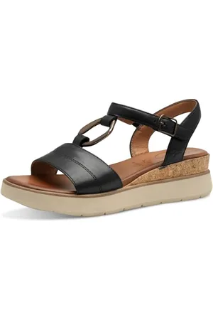 Tamaris Comfort Damen Sandalen flach aus Leder Sommer, (Black), 37 EU
