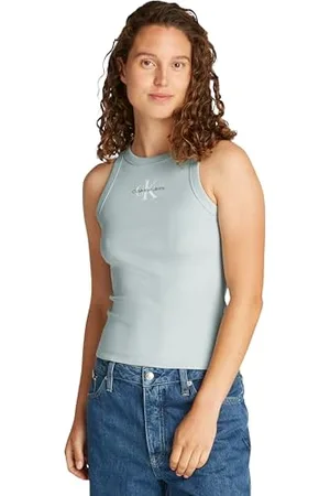Calvin Klein Damen Tank Top Monologo Rib Skinny Fit, Türkis (Cloud Blue), M