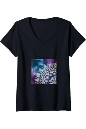 Mandala Damen Blau/Violette Magnolie Aquarell Boho Bohemian T-Shirt mit V-Ausschnitt