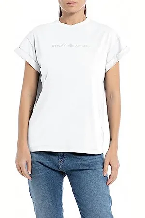 Replay Damen T-Shirt Kurzarm aus Baumwolle mit Logo, (Weiß), XL