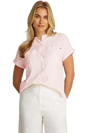 Tommy Hilfiger Damen Bluse Linen Collarless Kurzarm, Mehrfarbig (Foggy Pink Stp), 34