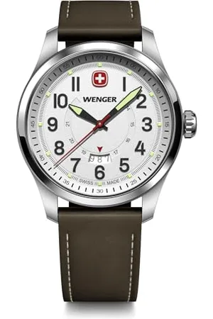 Wenger Herren Armbanduhr Terragraph, Ø 43 mm, Swiss Made, Analog Quarz, Wasserdicht bis 100 m, Leder-Armband, Weiß/Braun, 01.0541.120