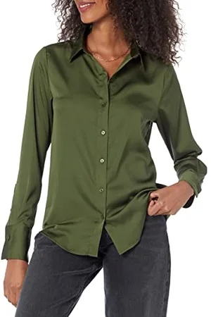 Amazon Damen Satin-Bluse mit Knopfleiste in klassischer Passform (in Übergröße erhältlich), , 6XL Große Größen