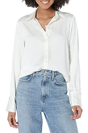 Amazon Damen Satin-Bluse mit Knopfleiste in klassischer Passform (in Übergröße erhältlich), , 6XL Große Größen