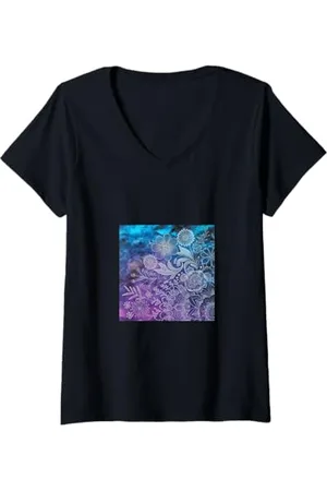 Mandala Damen Blau/Violette Magnolie Aquarell Boho Bohemian T-Shirt mit V-Ausschnitt
