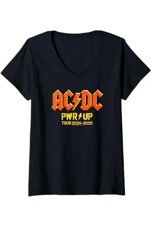 AC/DC Damen PWR UP World Tour 2024-2025 Vollständiges Dateback T-Shirt mit V-Ausschnitt