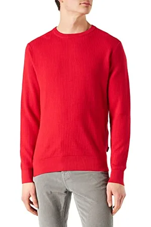 Bugatti Herren Rundhals-Pullover mit Gitter Struktur aus Baumwolle