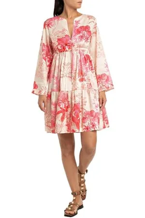 Replay Damen Kleid Langarm Blumenmuster, Mehrfarbig (Beige/Fuchsia 010), S