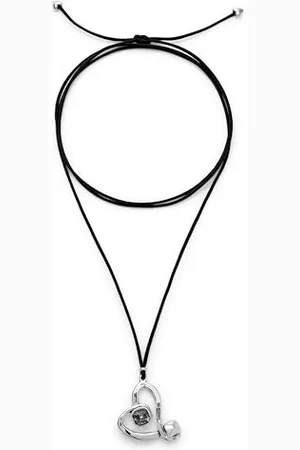 UNO de 50 Anhänger, versilbert, Kordel mit Seideneffekt, Herz mit grauem Kristall, handgefertigter Schmuck, hergestellt in Spanien, Einheitsgröße, Sterlingsilber 925, Kein Edelstein