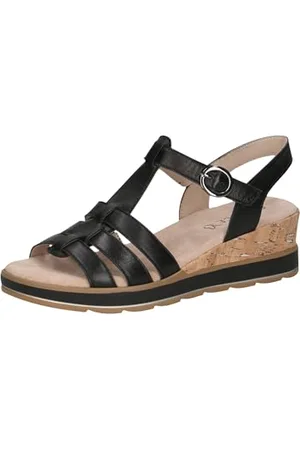 Caprice Damen Sandalen mit Keilabsatz aus Leder mit Klettverschluss, Schwarz , 42 EU