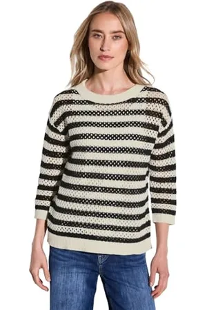 Street one Damen A303245 Gestreifter Mesh-Pullover, Black, 46