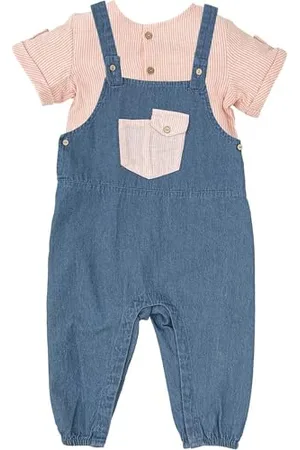BABIDU Uni Baby Conjunto para Bebé Y Niño Con Peto Corto Tela Vaquera Y Camiseta de Manga Corta A Rayas Rosadas Set, , 24 Monate