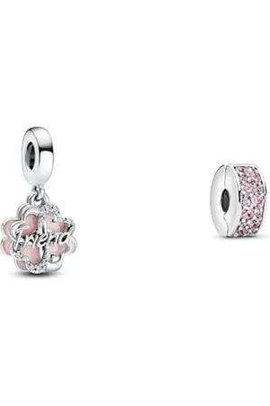 PANDORA Vierblättriges Kleeblatt Freundschaft Doppelter Charm-Anhänger aus Sterling Silber und Emaille - Kompatibel Moments Armbänder Rosafarbener Pavé-Glanz Clip 791817PCZ