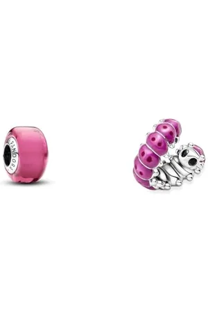 PANDORA Moments Rosafarbenes Murano-Glas Mini-Charm aus Sterling Silber, Kompatibel Moments Armbänder, 793107C00 MOMENTS Charm Süße gekräuselte Raupe Silber 790762C01