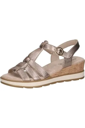 Caprice Damen Sandalen mit Keilabsatz aus Leder mit Klettverschluss, Beige , 42 EU