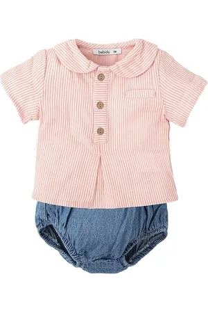 BABIDU Uni Baby Conjunto para Bebé Y Niño Con Camisa de Manga Corta A Rayas Y Cubrepañal Denim Set, , 3 Meses