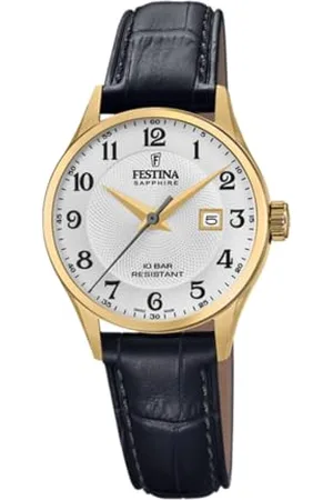 Festina Uhr Für Damen F20011/5 Swiss Made Gold Edelstahl Case SchwarzLeder Band