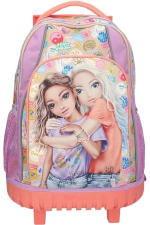 Depesche 13286 TOPModel Girl Power - Schulrucksack Trolley in und Beige, mit Model Motiv und bunten Patches, Schultasche mit Teleskopgriff und Rollen