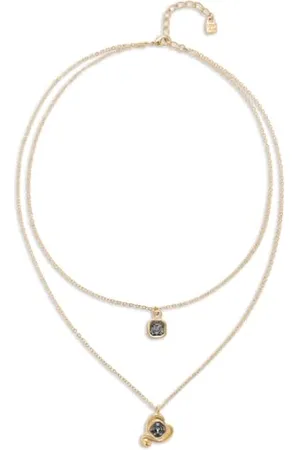 UNO de 50 Anhänger aus Metalllegierung, vergoldet mit 18 Karat, Doppelkette und Herz mit schwarzem Kristall, handgefertigter Schmuck, hergestellt in Spanien, Einheitsgröße, Gold, Kein Edelstein