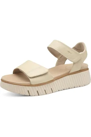 Tamaris Comfort Damen Sandalen flach aus Leder Plateau, Beige (Ivory), 37 EU