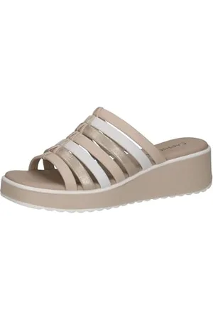 Caprice Damen Pantoletten aus Leder mit Keilabsatz, Weiß (White/Lt Gold), 42 EU