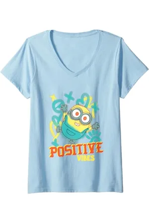 Minions Damen Positive Vibes Retro Graffiti Tom The Minion T-Shirt mit V-Ausschnitt