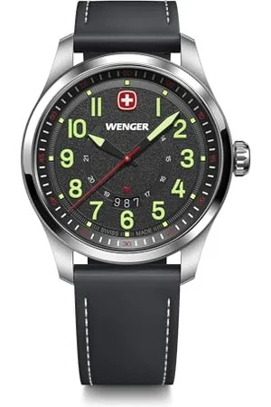 Wenger Herren Armbanduhr Terragraph, Ø 43 mm, Swiss Made, Analog Quarz, Wasserdicht bis 100 m, Leder-Armband, Schwarz, 01.0541.121