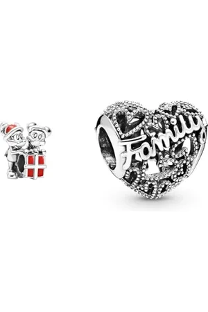 PANDORA DISNEY Charm Mickey & Minnie Maus mit Geschenk silber/ , Emaille 799194C01 & Family Herz Charm Sterling-Silber 8,6 x 10,8 x 11,5 mm (T/H/B)