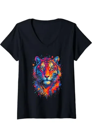 Tiger of Sweden Damen Artwork Bunte Tierkunst Tier Liebhaber T-Shirt mit V-Ausschnitt