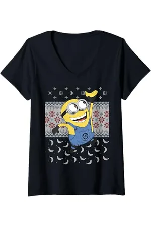 Minions Damen Minions Banana Ugly Christmas T-Shirt mit V-Ausschnitt