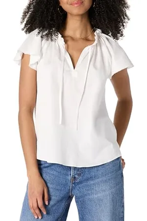 Amazon Damen Weit Geschnittene Bluse mit Volantärmeln aus Baumwoll-Satin, , M