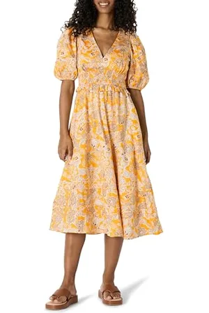 Amazon Damen Mittellanges Kleid Aus Baumwollsatin Mit Puffärmeln In Normaler Passform, , L