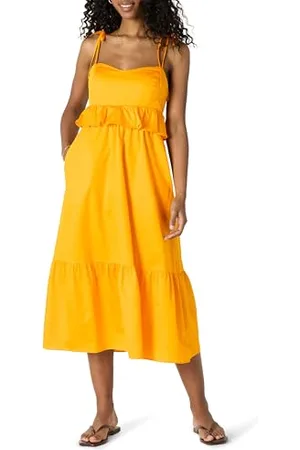 Amazon Damen Regular-Fit-Midi-Rüschenkleid aus Baumwollsatin mit Empire-Taille, , XL