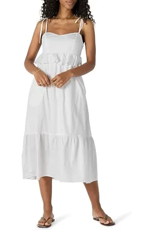 Amazon Damen Regular-Fit-Midi-Rüschenkleid aus Baumwollsatin mit Empire-Taille, , M