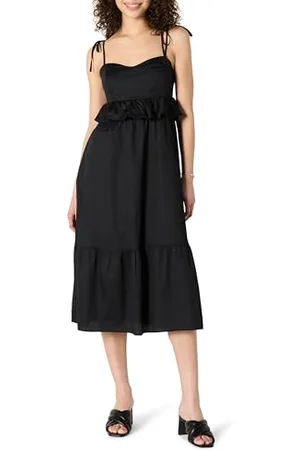 Amazon Damen Regular-Fit-Midi-Rüschenkleid aus Baumwollsatin mit Empire-Taille, , XS
