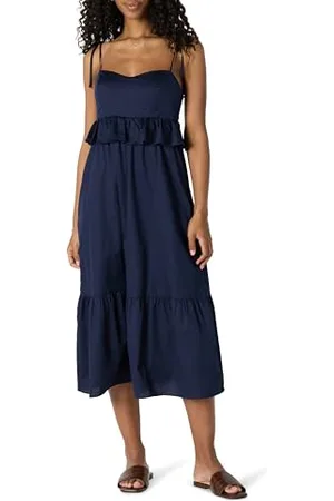 Amazon Damen Regular-Fit-Midi-Rüschenkleid aus Baumwollsatin mit Empire-Taille, , S