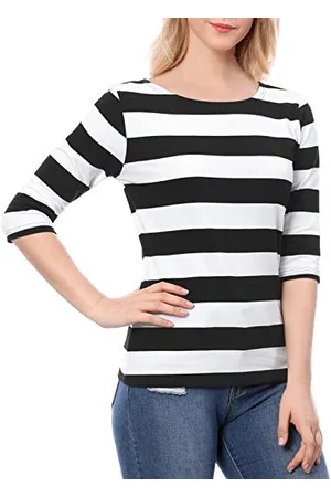 Allegra K Damen-T-Shirt/Top mit halblangen Ärmeln und U-Bootausschnitt, schmale Passform, legeres T-Shirt, schwarz/weiß, 42
