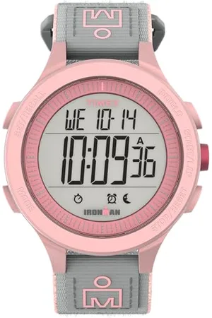 Timex Ironman Training Damen-Armbanduhr, 42 mm, graues, elastisches, rasch zu fixierendes Stoffarmband, digitales Ziffernblatt, rosa Gehäuse TW5M64200