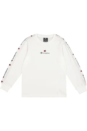 Champion Legacy Retro Sport B (306860) – Arm Logo LS Langarm-T-Shirt mit Rundhalsausschnitt, Weiß (WHT), 3–4 Jahre (XXS), Kind FW24