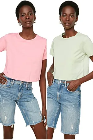 Trendyol Damen Beg 100% Baumwolle Runder Halsband 2 Packung Crop Gestricktes T-Shirt, , XL