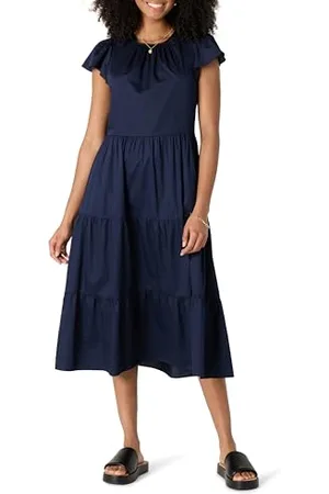 Amazon Damen Gestuftes Relaxed-Fit-Midikleid aus Baumwollsatin mit Rundhalsausschnitt, , XS