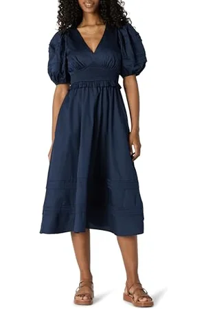 Amazon Damen Mittellanges Kleid Aus Baumwollsatin Mit Puffärmeln In Normaler Passform, , XXS