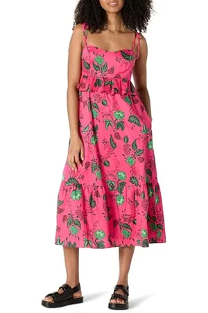 Amazon Damen Regular-Fit-Midi-Rüschenkleid aus Baumwollsatin mit Empire-Taille, , L