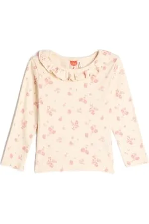 Koton Babygirl Flower Printed T-Shirt Round Neck Ruffle Detail Cotton Ribbed