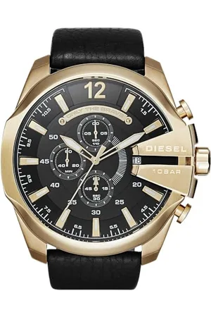 Diesel Herrenuhr Mega Chief, Chronographenwerk, 51mm Goldenes Edelstahlgehäuse mit Lederarmband, DZ4344