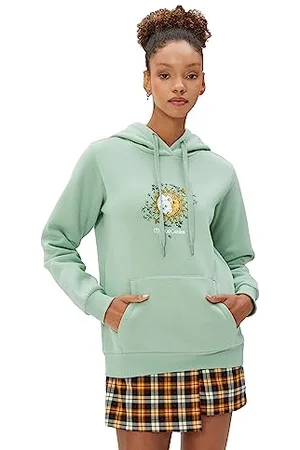 Koton Women Long Sleeve Printed Kangaroo Pocket Detail Hoodie